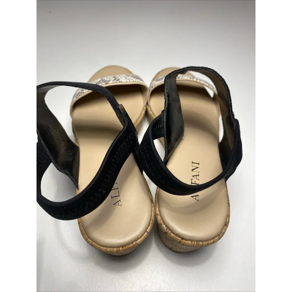 Alfani Step N Flex Womens 8.5M Wedge‎ Sandals Black Elastic Snakeskin Cork Heel
